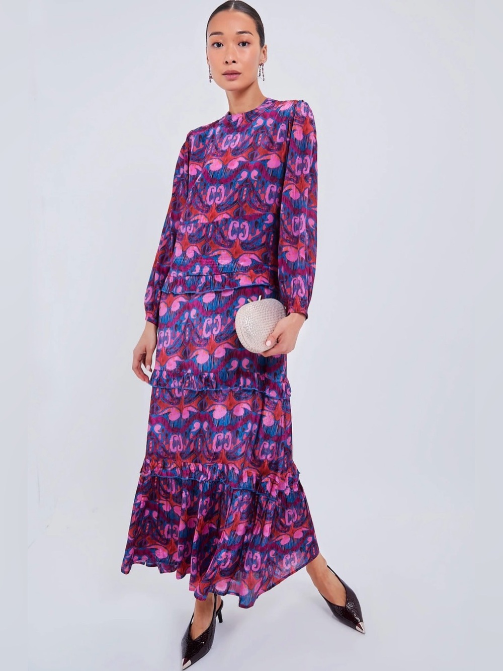 Oliphant Exclusive Blue Kazak Mock Neck Maxi Dress Size Small Ruffle Trim
